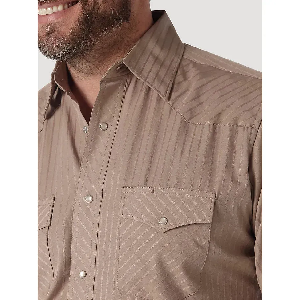 MEN'S WRANGLER® WESTERN LONG SLEEVE WESTERN SNAP DOBBY STRIPE TAN SHIRT