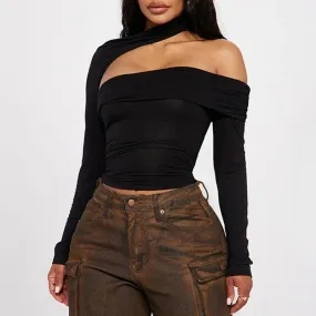 Metaversmall Streetwear Halter Turtleneck Sexy T shirt Women Autumn Crop Tops Fitness Basic Cut Out Asymmetrical Tees Party Club