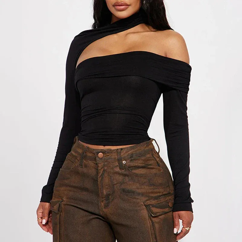 Metaversmall Streetwear Halter Turtleneck Sexy T shirt Women Autumn Crop Tops Fitness Basic Cut Out Asymmetrical Tees Party Club