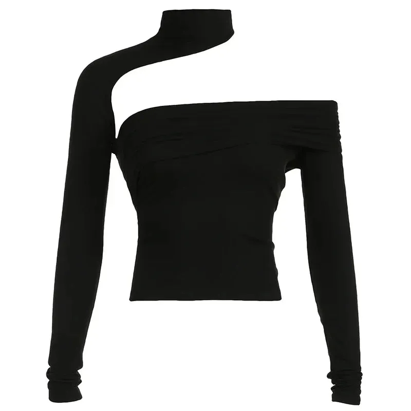 Metaversmall Streetwear Halter Turtleneck Sexy T shirt Women Autumn Crop Tops Fitness Basic Cut Out Asymmetrical Tees Party Club