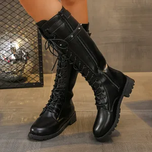 Mid-Calf Height Knee-High Boots - Water-Resistant, Synthetic Upper, Fabric Lining, Rubber Outsole, and Lacing Closure for Comfortable Fit