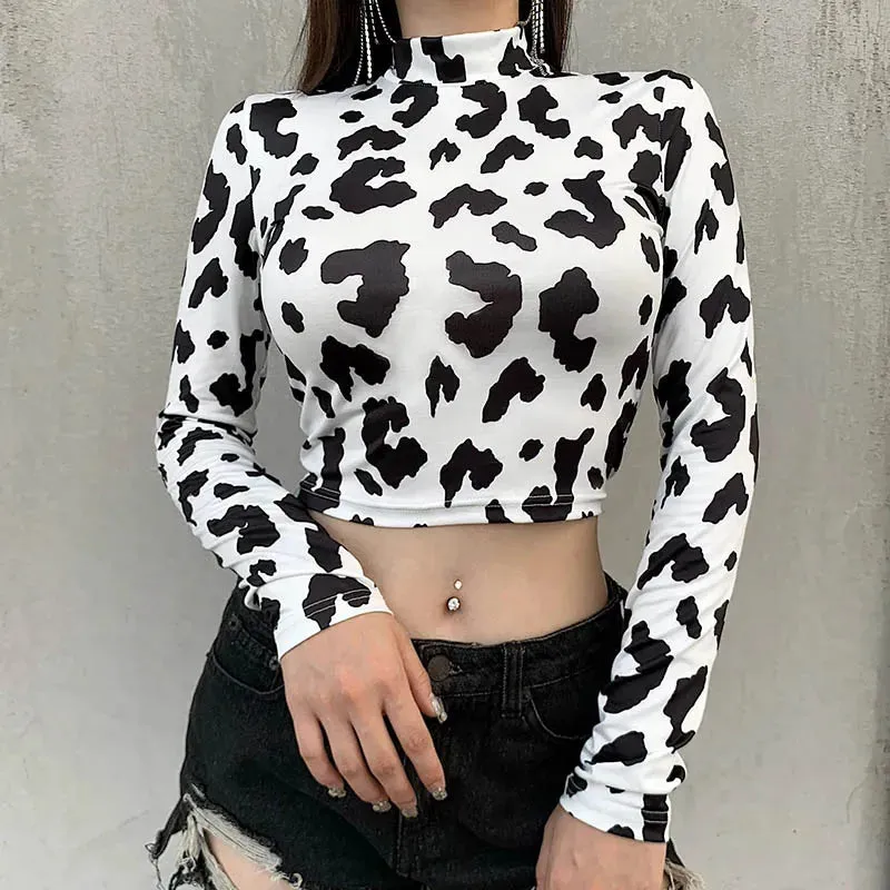 Milk Cow Pattern Print Long Sleeve Tee