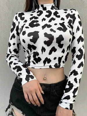 Milk Cow Pattern Print Long Sleeve Tee