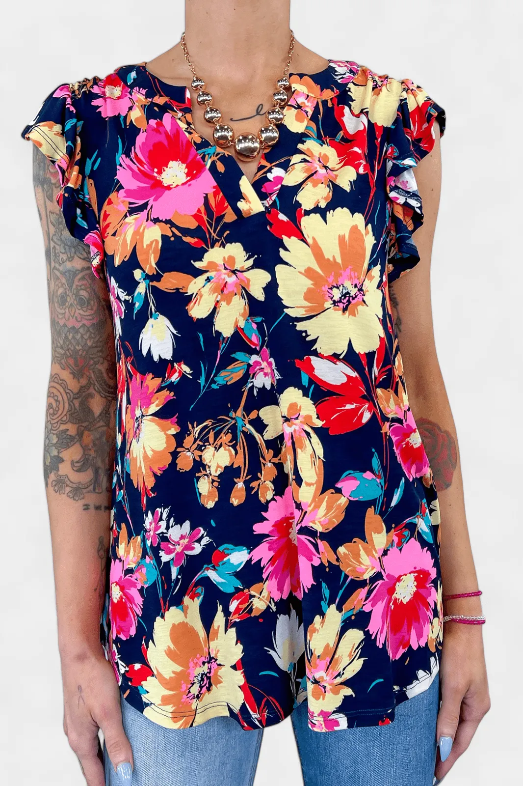 Navy Floral Lizzy Flutter Sleeve Top [NO RETURNS]