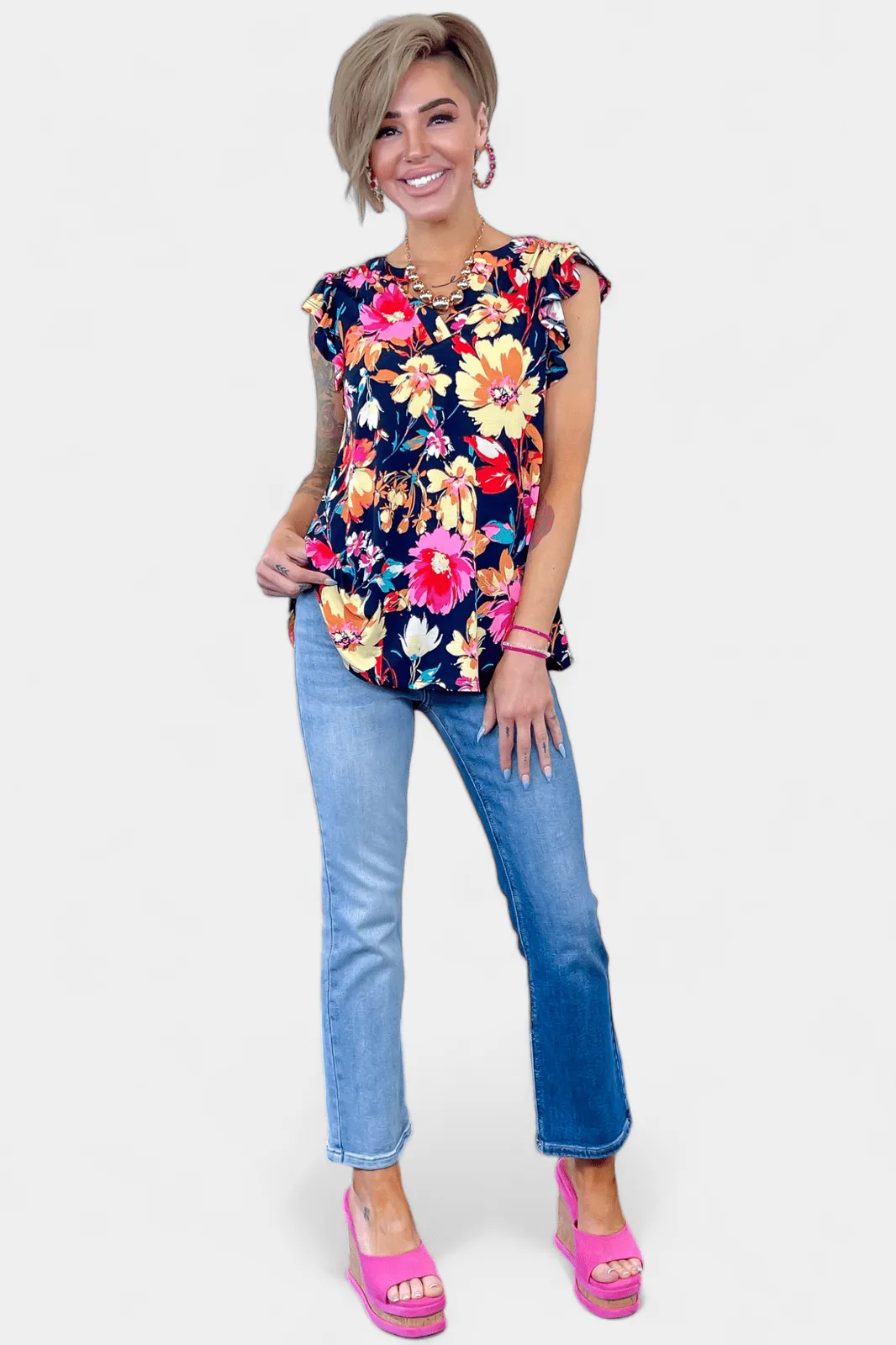 Navy Floral Lizzy Flutter Sleeve Top [NO RETURNS]