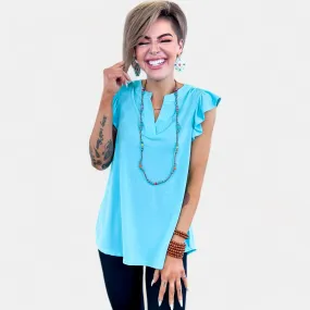 Neon Blue Lizzy Flutter Sleeve Top [NO RETURNS]