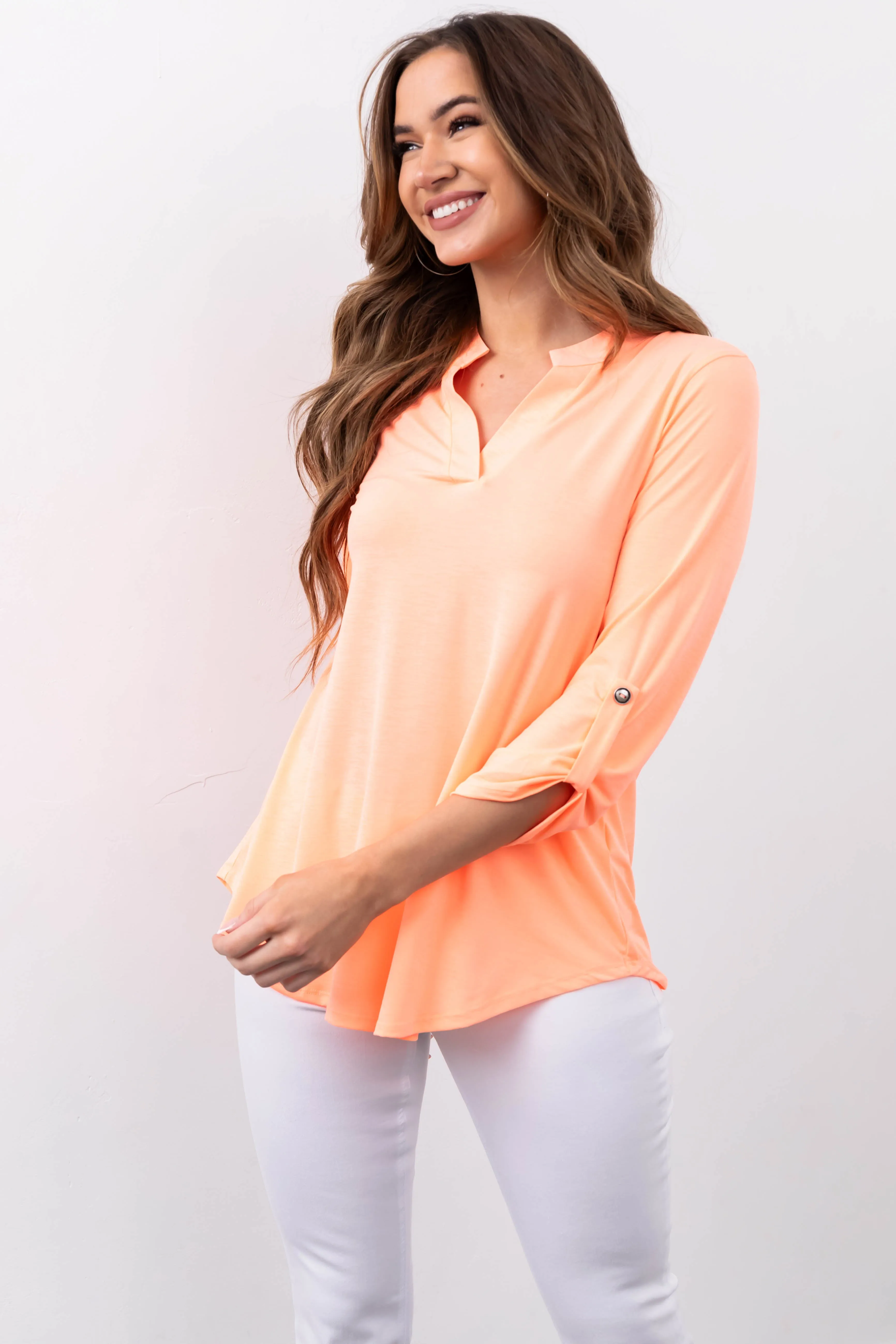 Neon Orange Notch Neck Cuffed Sleeve Top