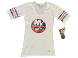 New York Islanders Retro Brand WOMEN White Striped Quarter Sleeve T-Shirt