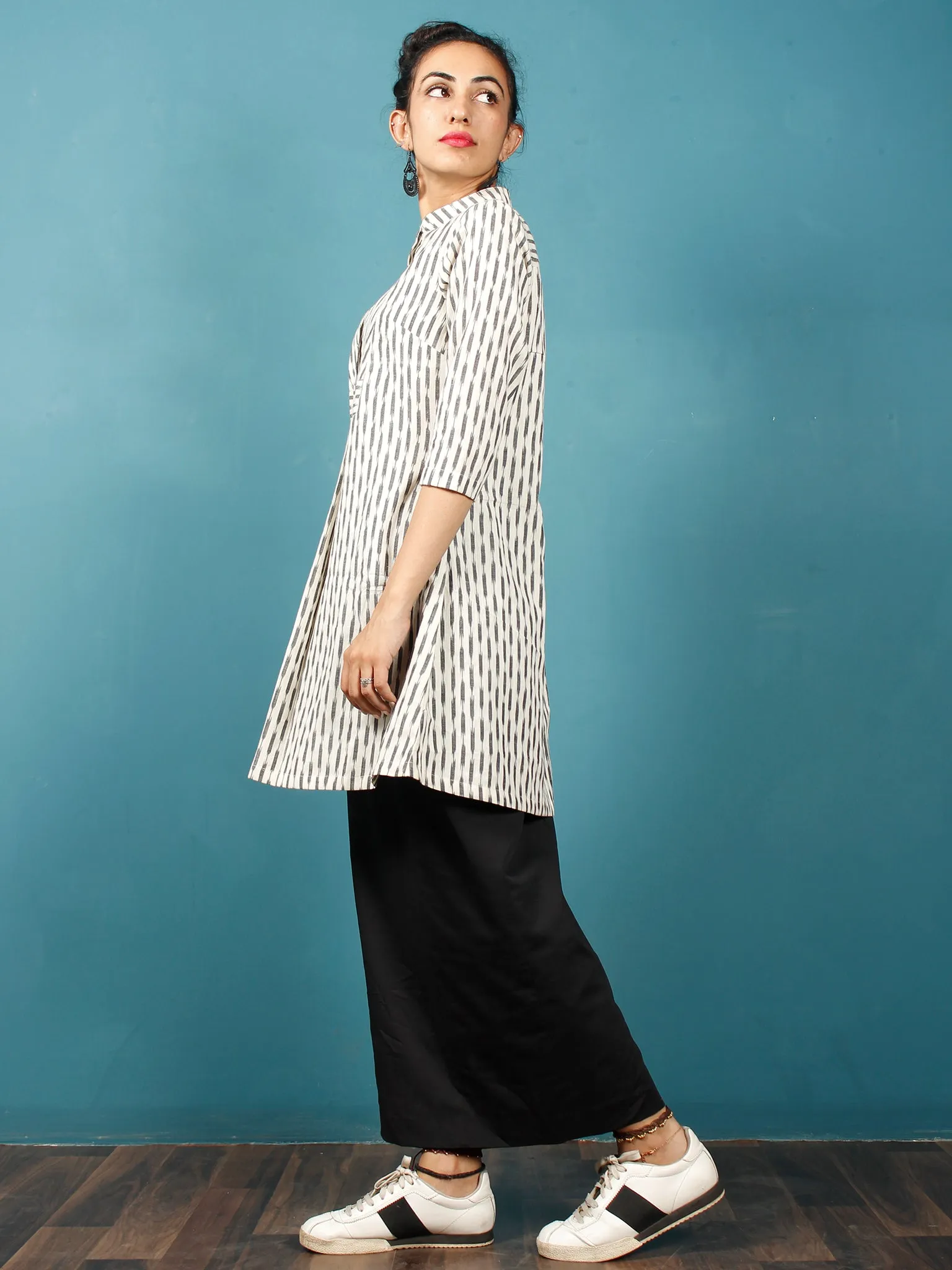 Off White Grey Hand Woven Ikat Cotton Tunic With Stand Collar  - Tun08F751