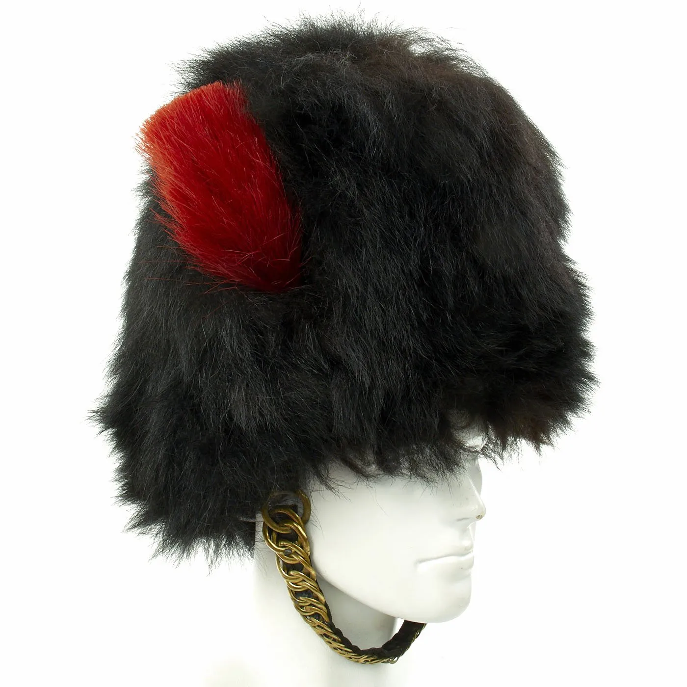 Original British Coldstream Guards Bearskin Helmet with Brass Chin Scales and Red Hackle