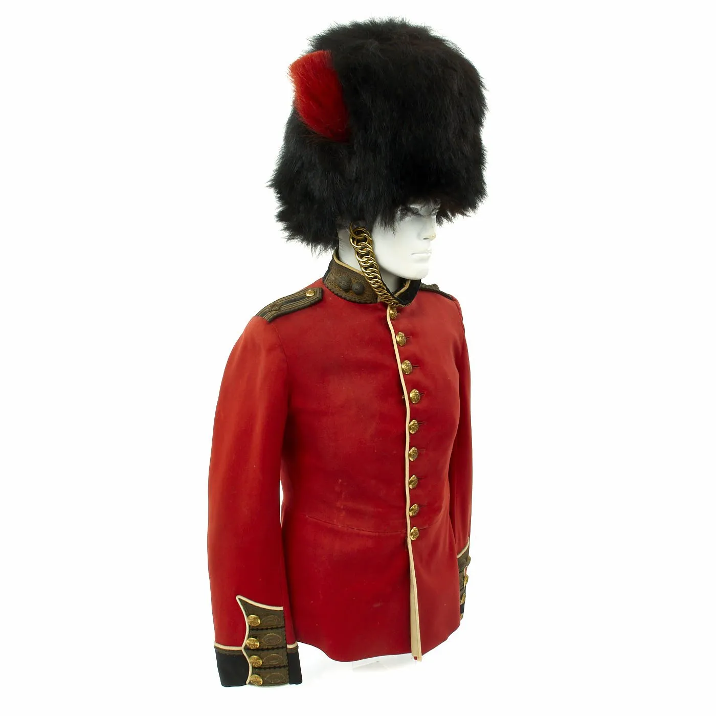 Original British Coldstream Guards Bearskin Helmet with Brass Chin Scales and Red Hackle