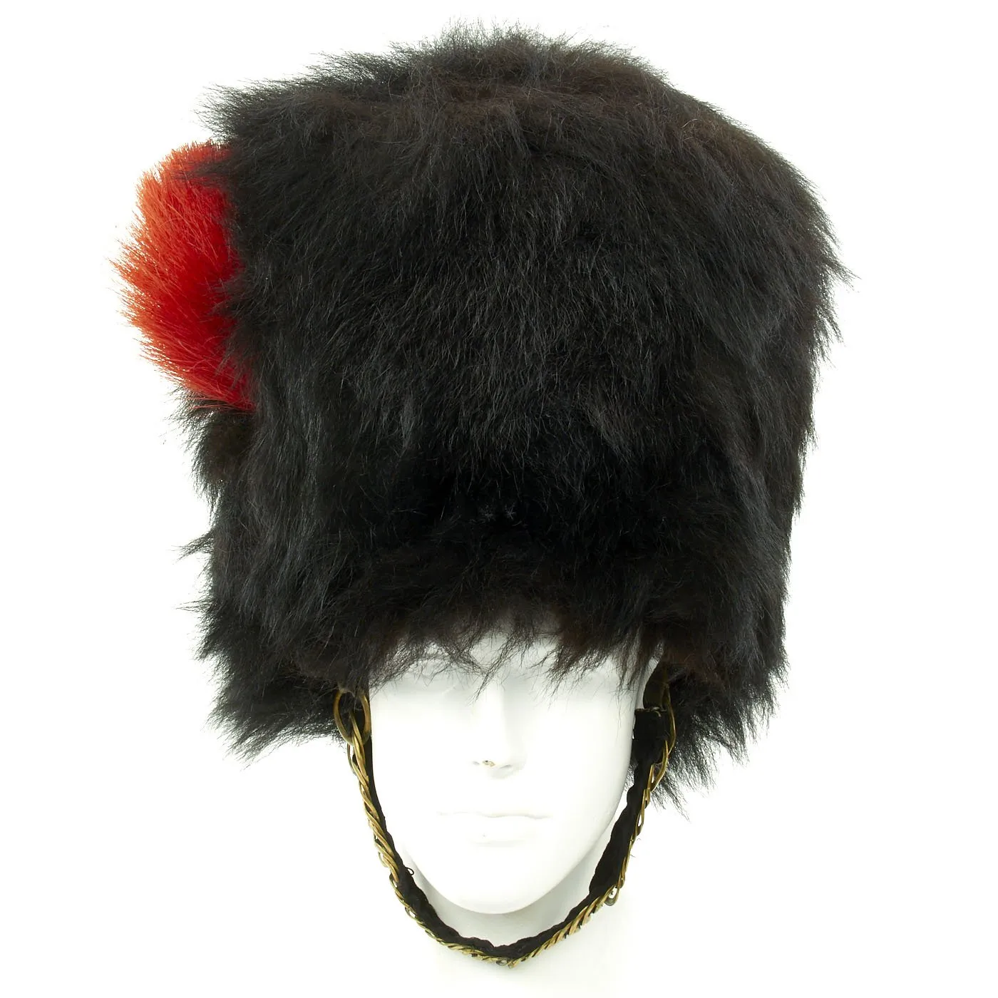 Original British Coldstream Guards Bearskin Helmet with Brass Chin Scales and Red Hackle