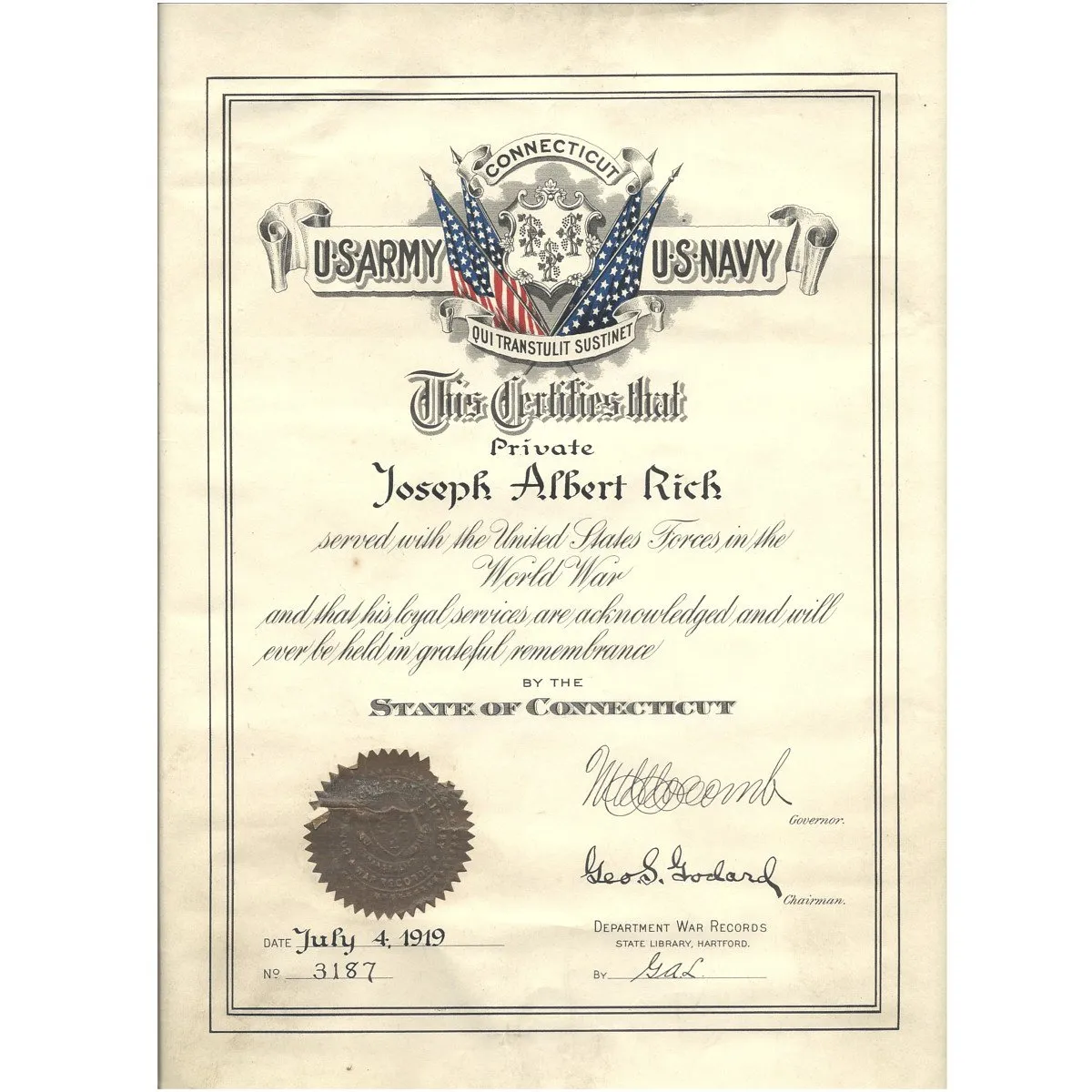 Original U.S. WWI Named 26th Infantry Division Ambulance Grouping - Private Joseph Albert Rich