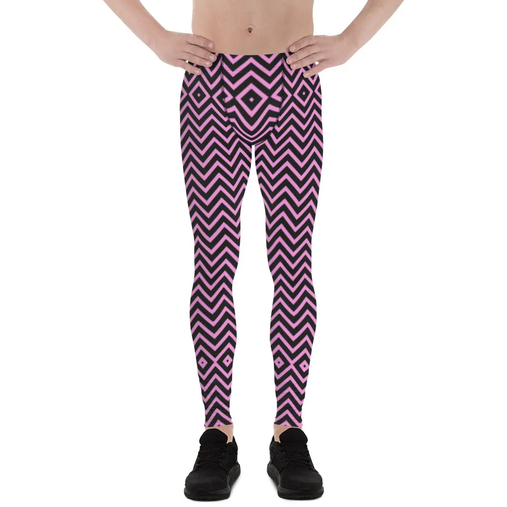 Pink Black Chevron Men's Tights, Retro Style Meggings Compression Tights For Men - Made in USA/EU/MX