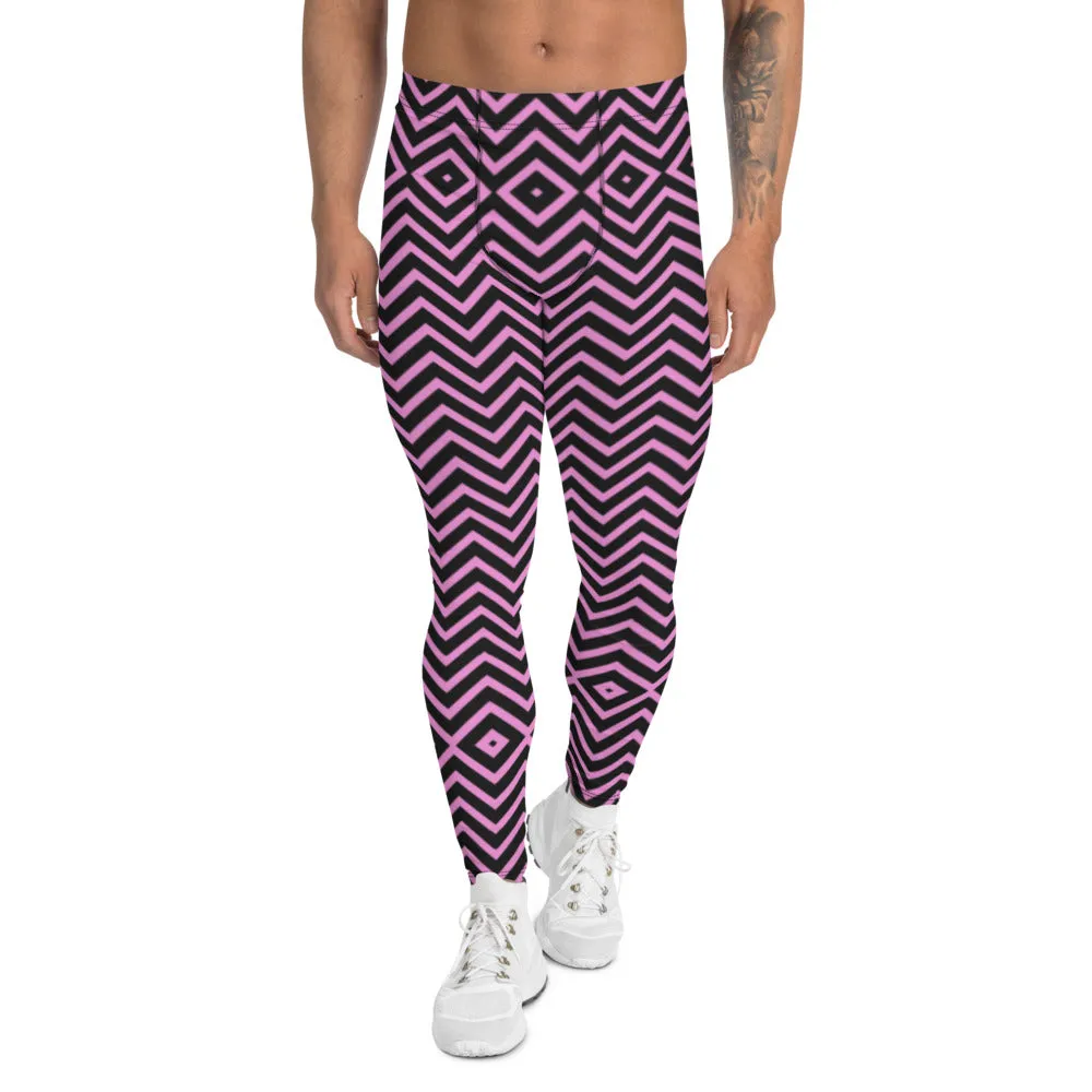 Pink Black Chevron Men's Tights, Retro Style Meggings Compression Tights For Men - Made in USA/EU/MX