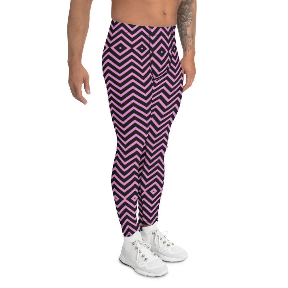 Pink Black Chevron Men's Tights, Retro Style Meggings Compression Tights For Men - Made in USA/EU/MX