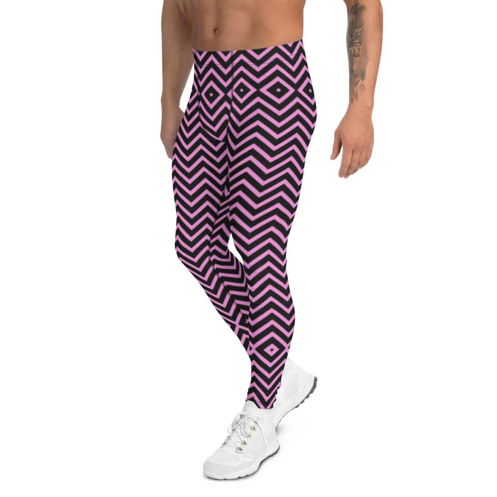 Pink Black Chevron Men's Tights, Retro Style Meggings Compression Tights For Men - Made in USA/EU/MX