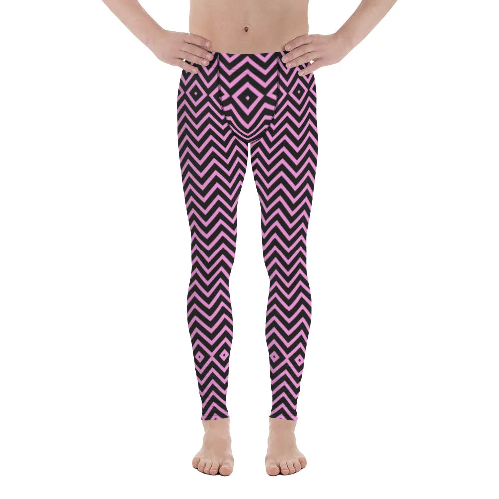 Pink Black Chevron Men's Tights, Retro Style Meggings Compression Tights For Men - Made in USA/EU/MX