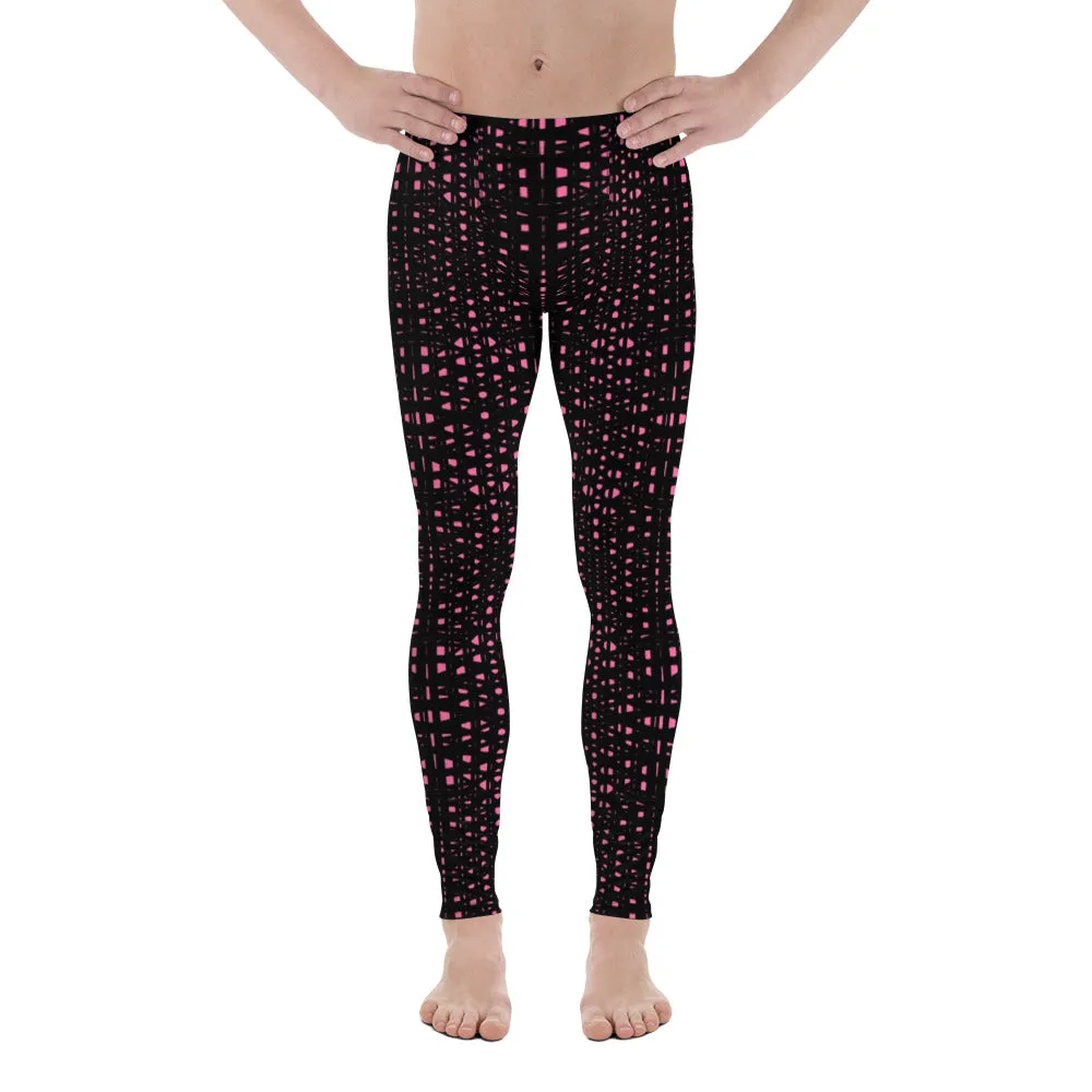 Pink Black Meshed Men's Leggings, Best Premium Meggings Compression Running Tights-Made in USA/EU/MX