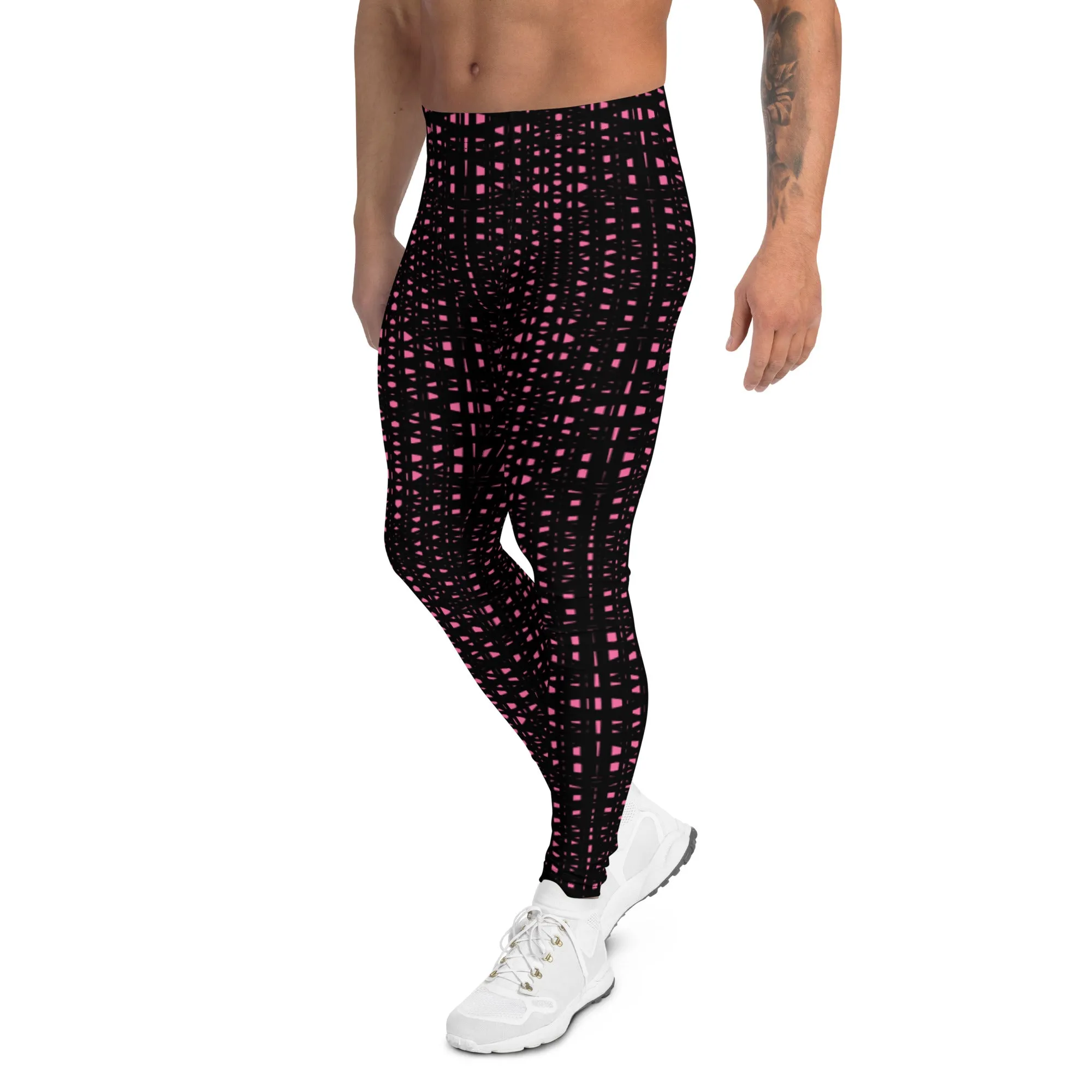 Pink Black Meshed Men's Leggings, Best Premium Meggings Compression Running Tights-Made in USA/EU/MX