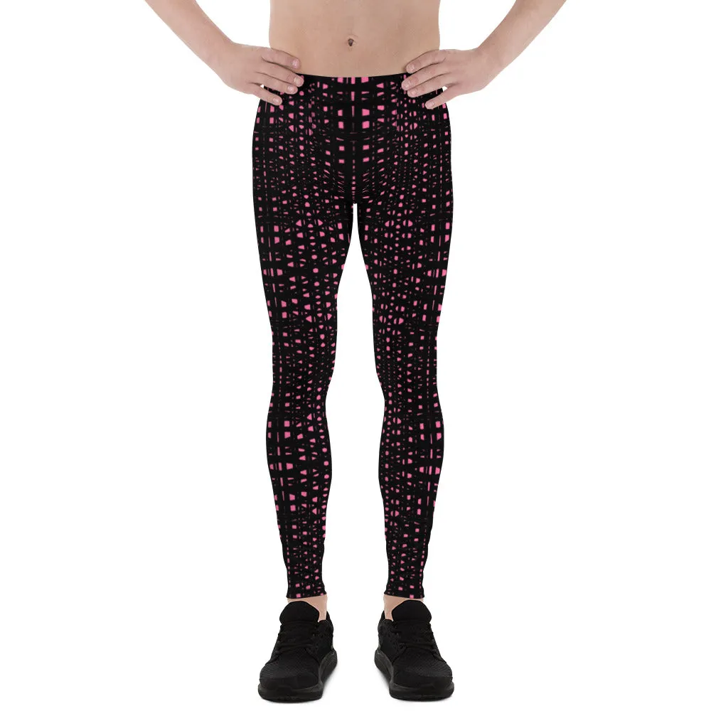 Pink Black Meshed Men's Leggings, Best Premium Meggings Compression Running Tights-Made in USA/EU/MX