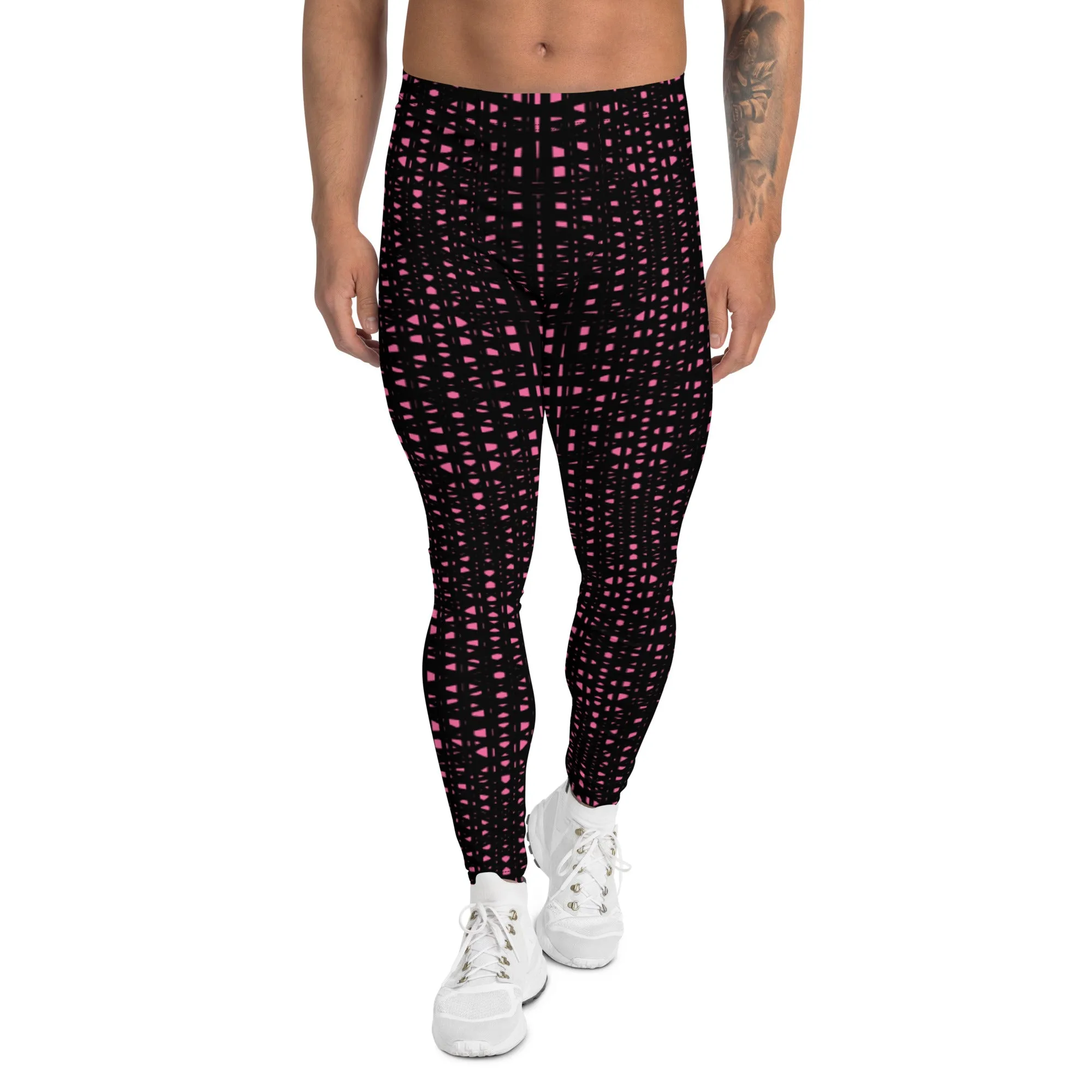 Pink Black Meshed Men's Leggings, Best Premium Meggings Compression Running Tights-Made in USA/EU/MX