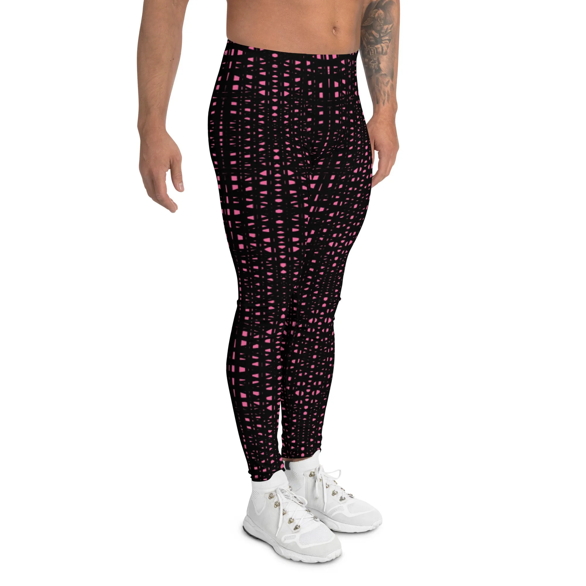 Pink Black Meshed Men's Leggings, Best Premium Meggings Compression Running Tights-Made in USA/EU/MX