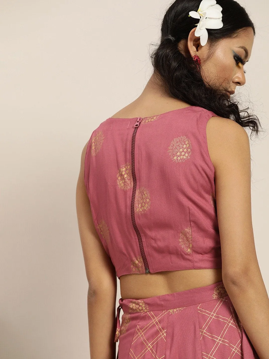 Pink Sleevelesss Crop Top With Anarkali Skirt