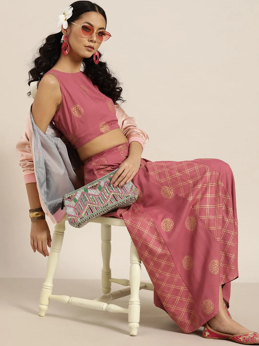 Pink Sleevelesss Crop Top With Anarkali Skirt