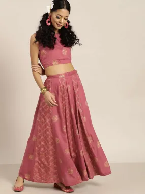 Pink Sleevelesss Crop Top With Anarkali Skirt