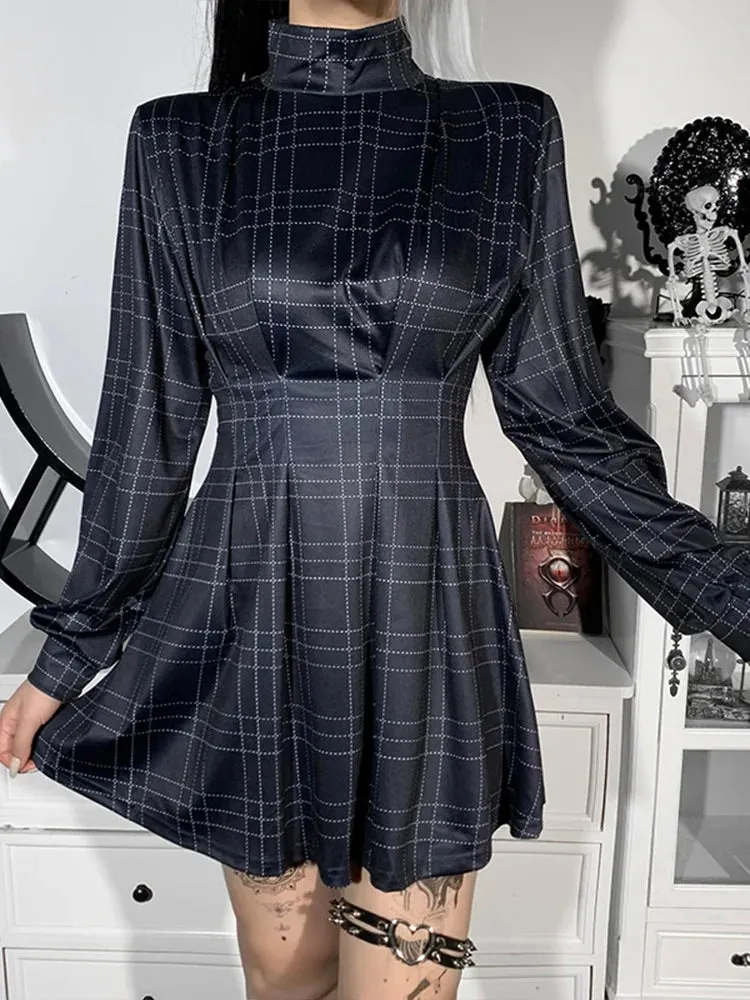 Plaid A-Line Partywear Girl Academy Turtleneck Blue Pleated Dark Corset Cosplay Sleeve Winter E Long Gown