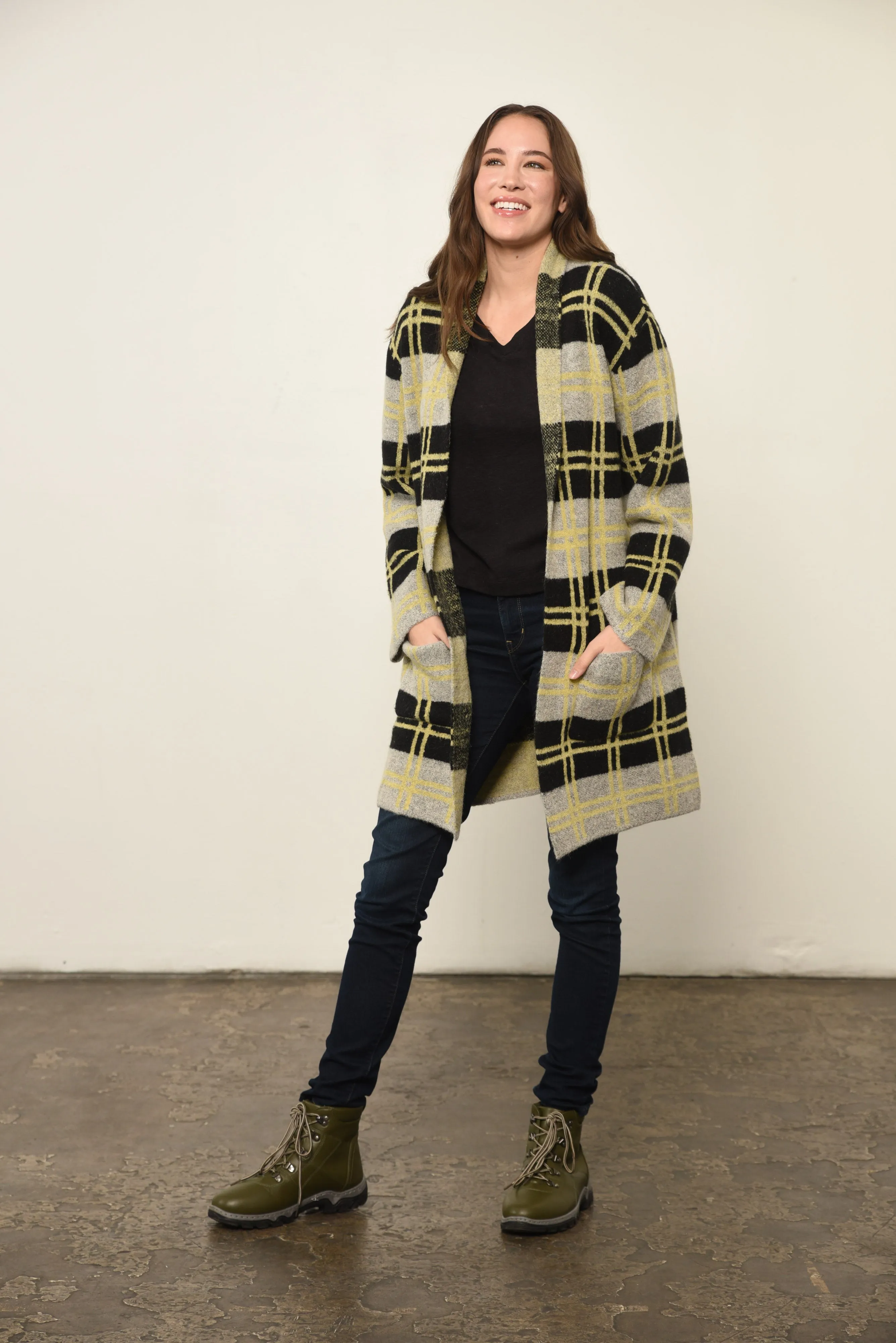 Plaid Print Open Front Jacket in Yellow Plaid