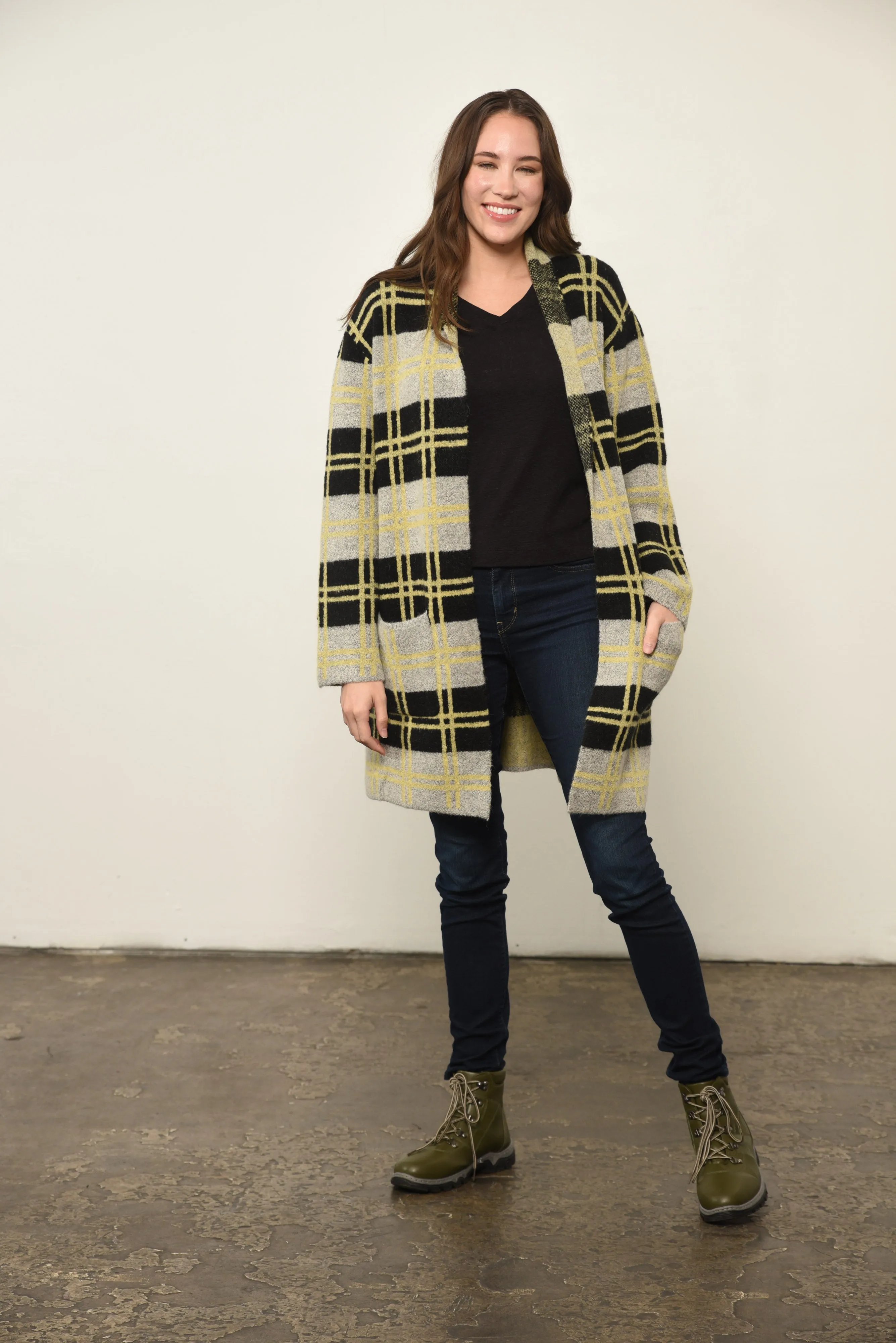 Plaid Print Open Front Jacket in Yellow Plaid