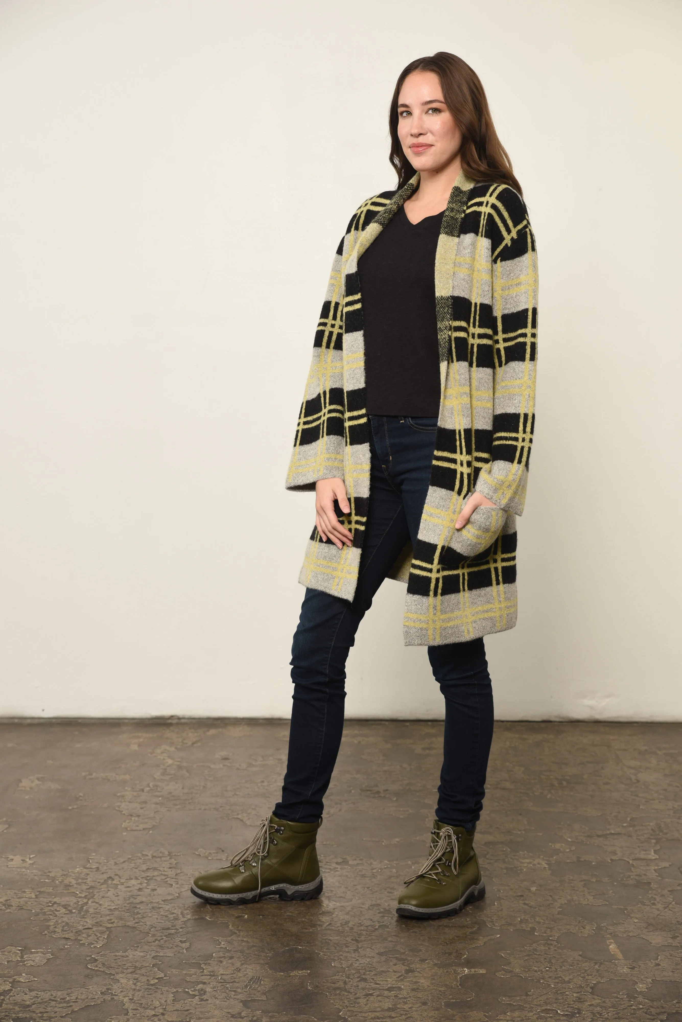 Plaid Print Open Front Jacket in Yellow Plaid