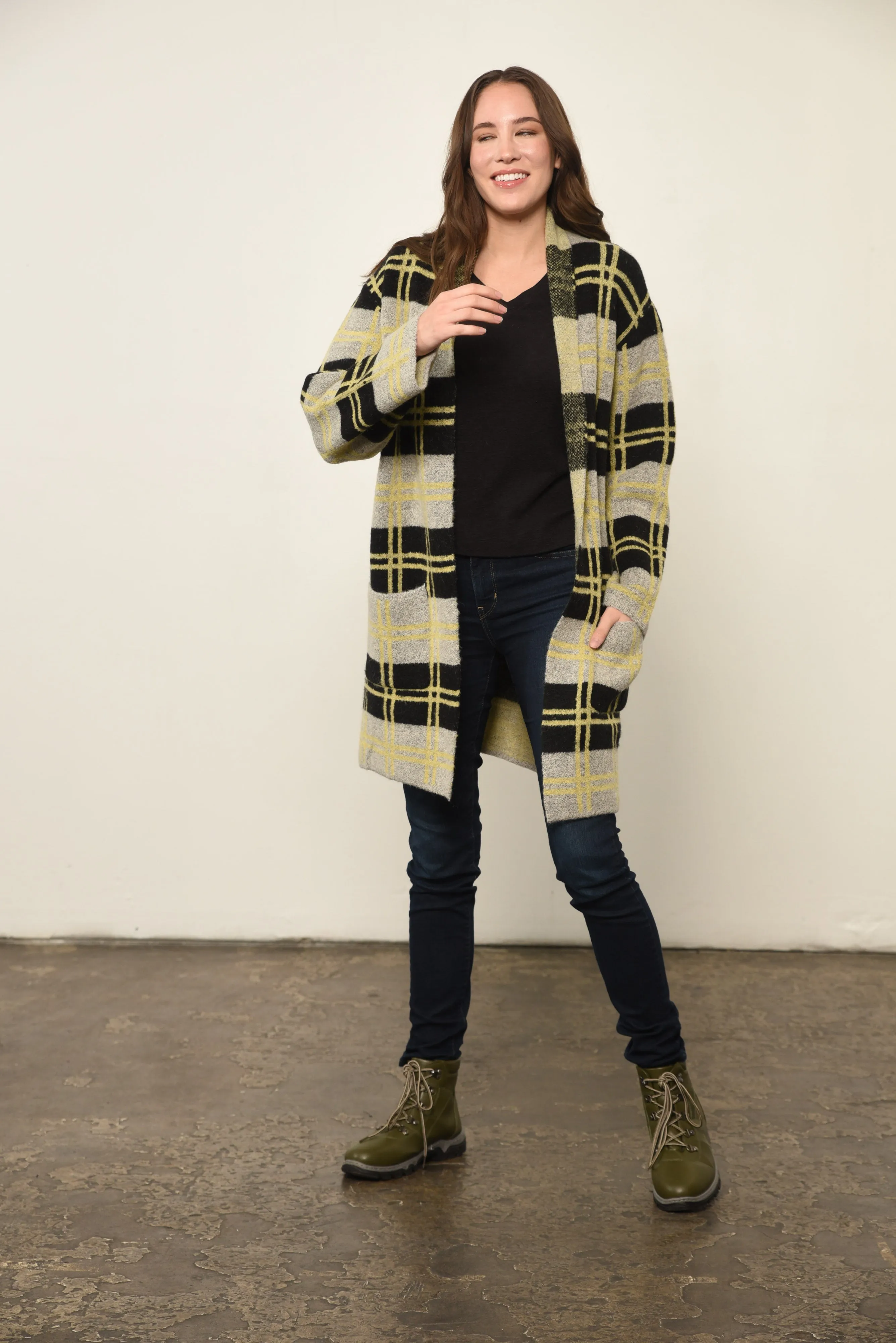 Plaid Print Open Front Jacket in Yellow Plaid