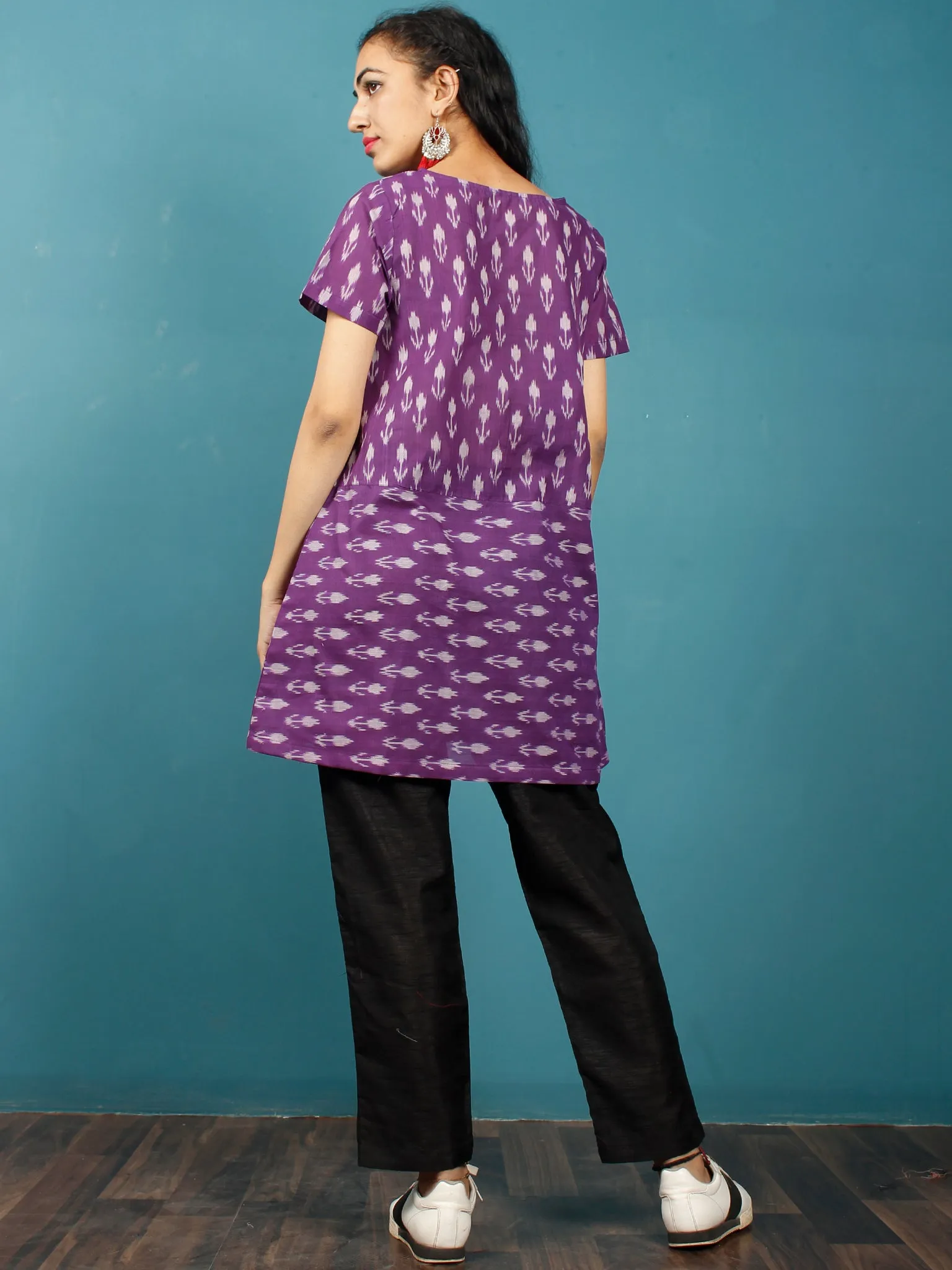 Purple Grey Hand Woven Mercerised Ikat Cotton Tunic  - Tun11F841