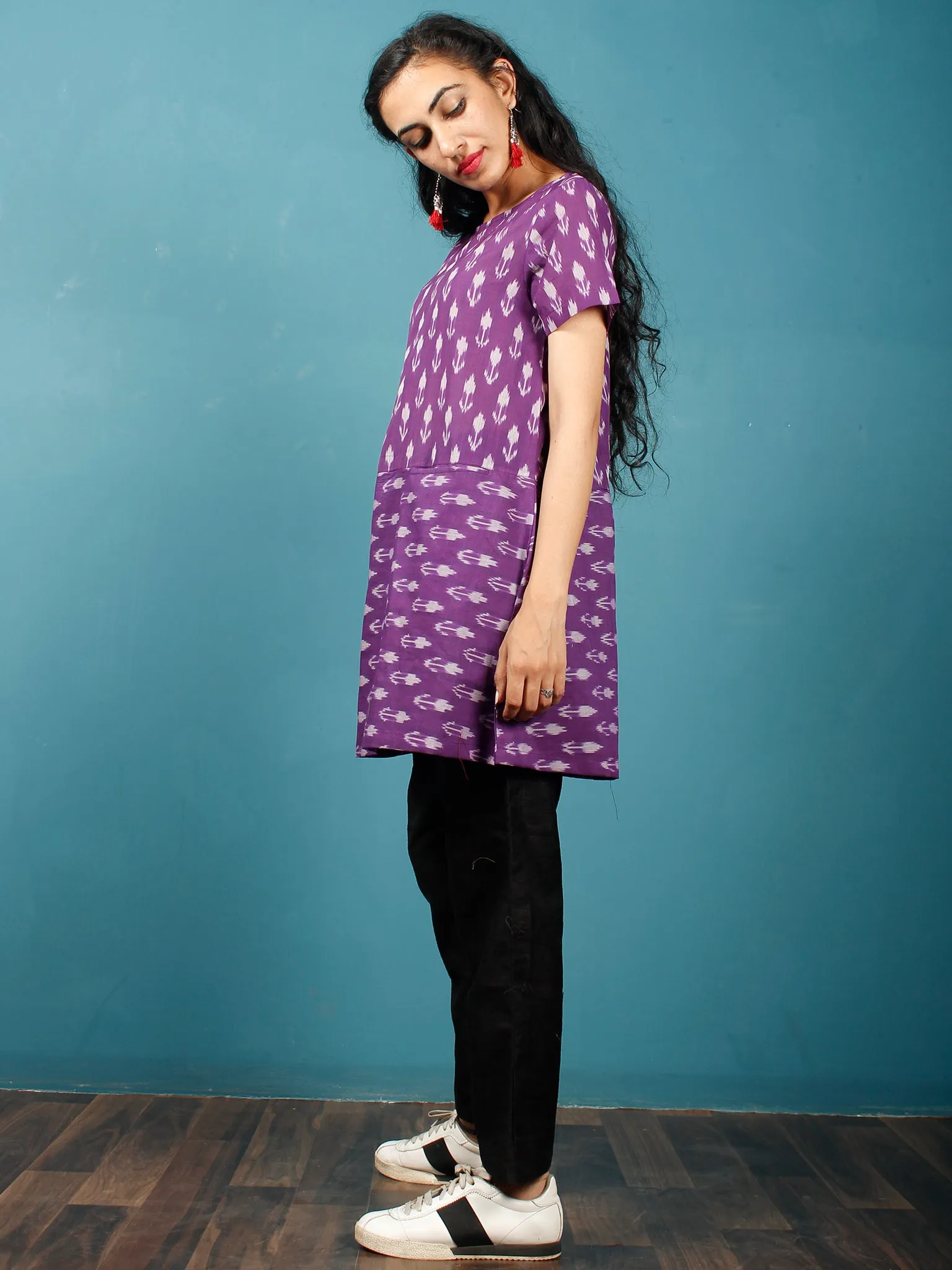 Purple Grey Hand Woven Mercerised Ikat Cotton Tunic  - Tun11F841