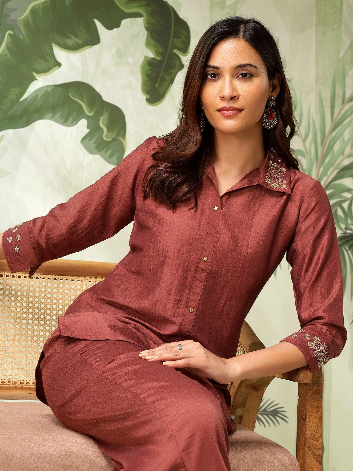 Raga Muslin Brown Embroidered Co-Ord Set