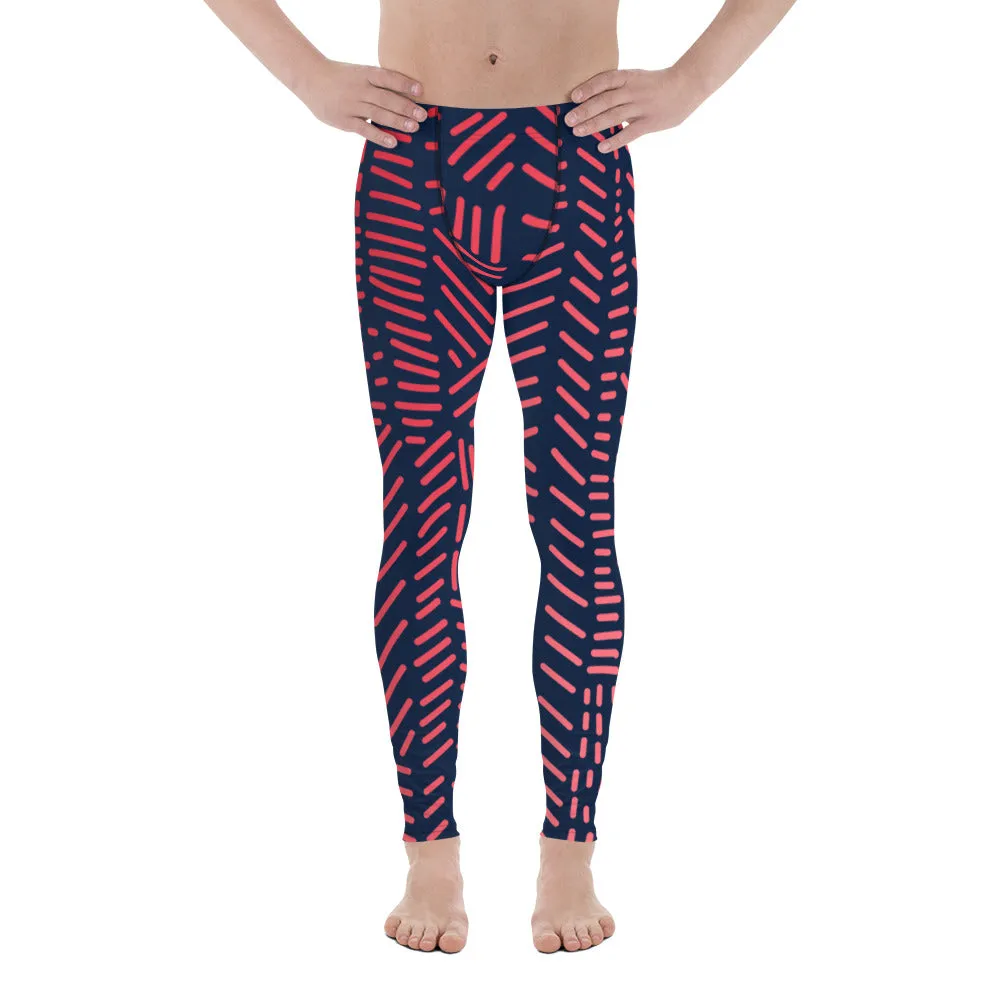 Red Black Abstract Men's Leggings, Abstract Patterned Meggings Running Tights For Men-Made in USA/EU/MX