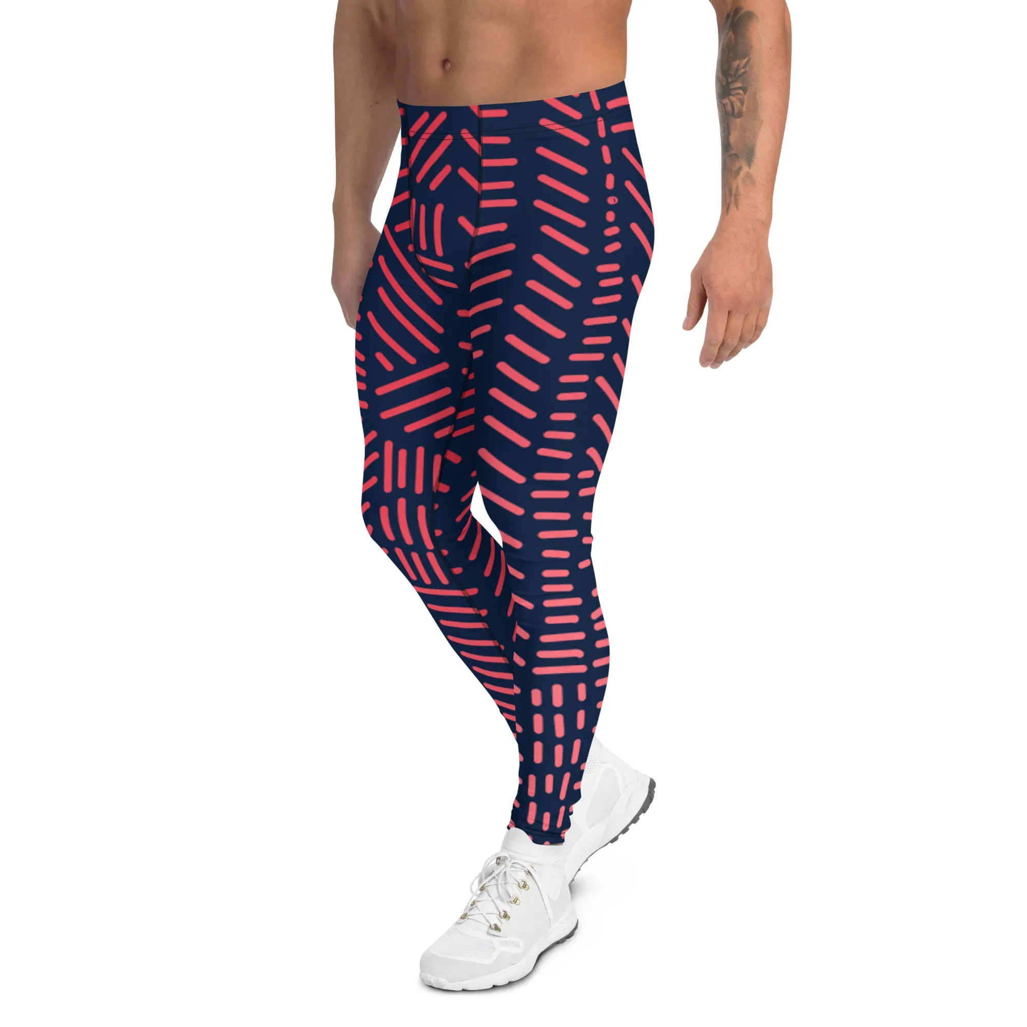 Red Black Abstract Men's Leggings, Abstract Patterned Meggings Running Tights For Men-Made in USA/EU/MX