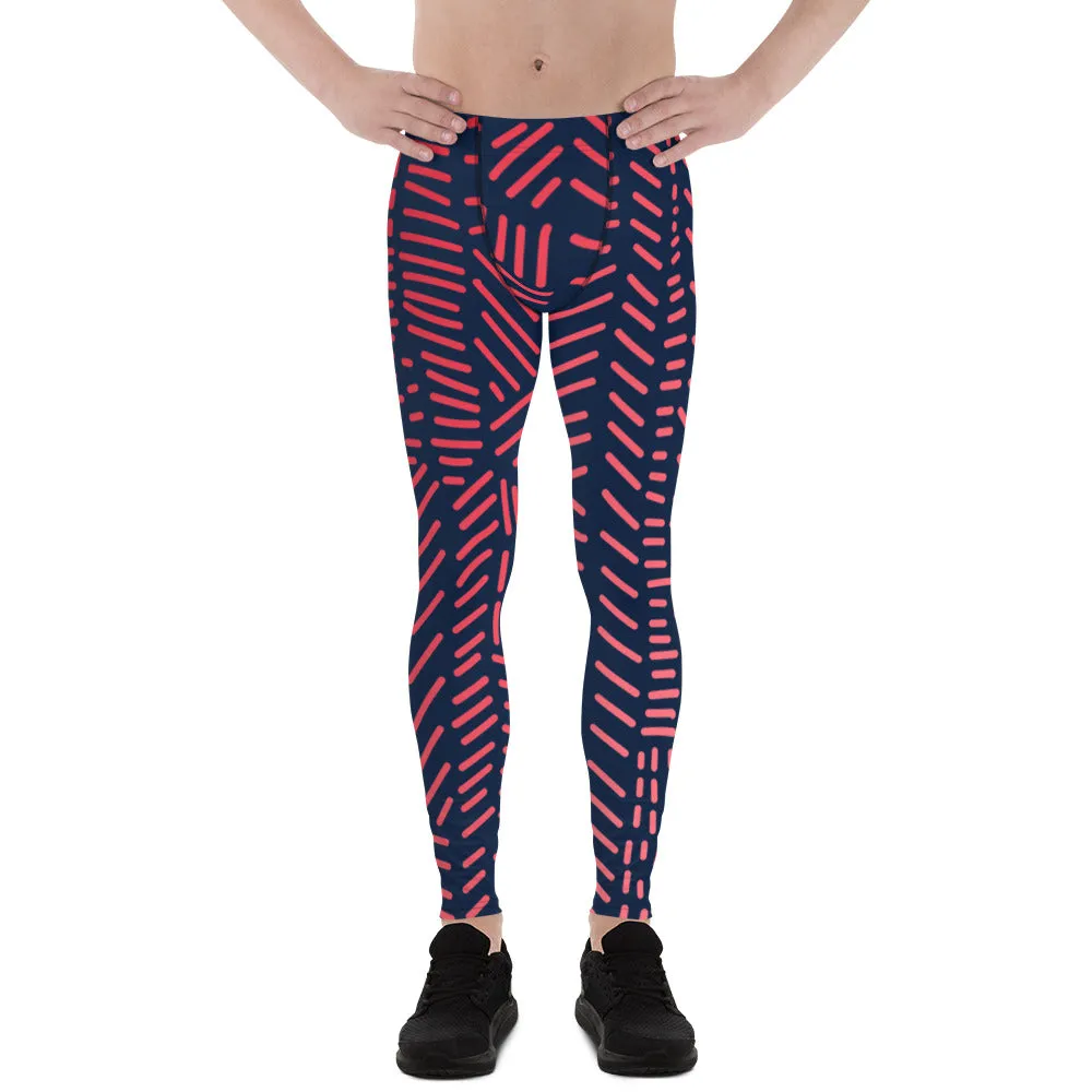 Red Black Abstract Men's Leggings, Abstract Patterned Meggings Running Tights For Men-Made in USA/EU/MX