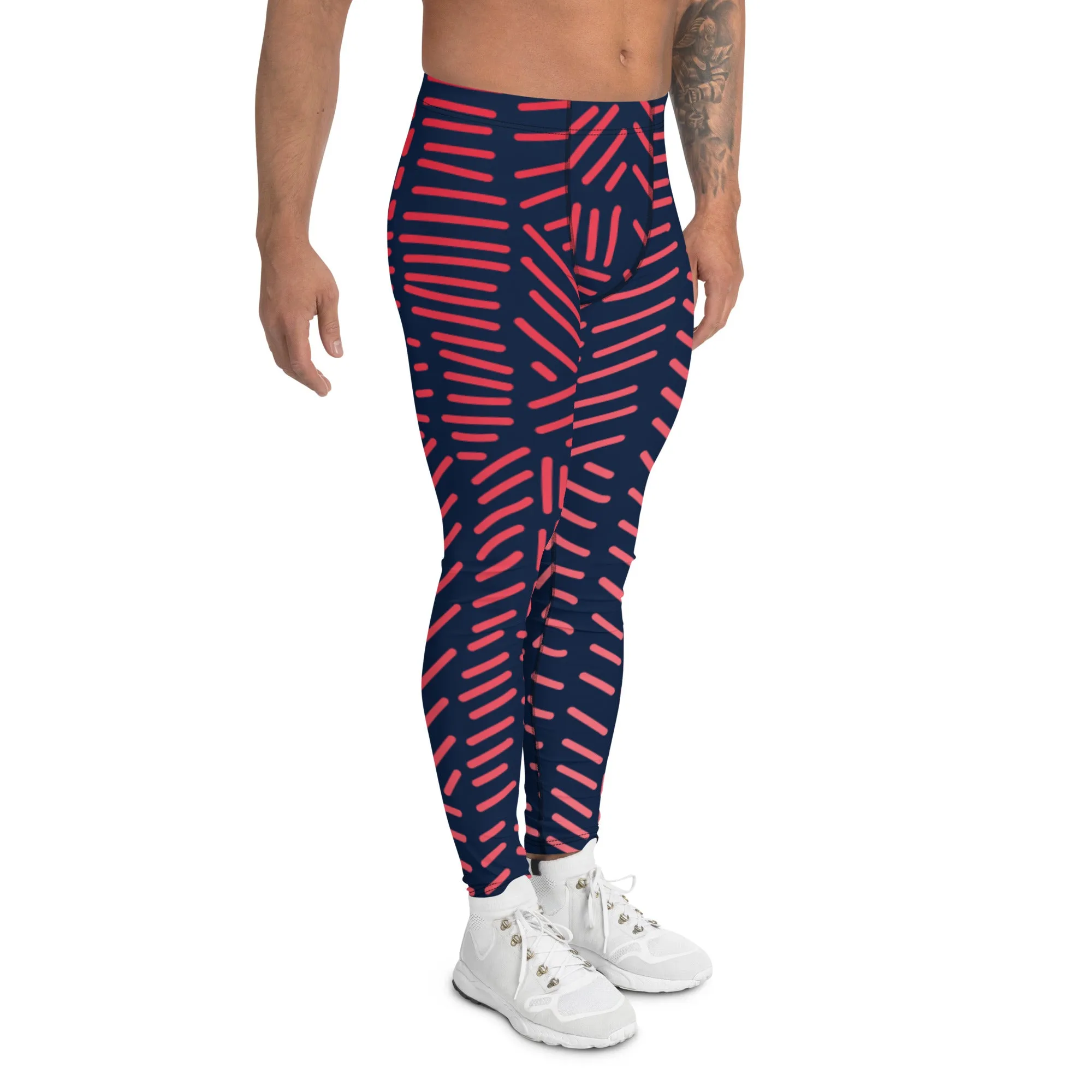 Red Black Abstract Men's Leggings, Abstract Patterned Meggings Running Tights For Men-Made in USA/EU/MX