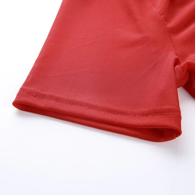 Red Devil Embroidery Mesh Short Sleeve Turtleneck Cute Sexy Transparent Tees