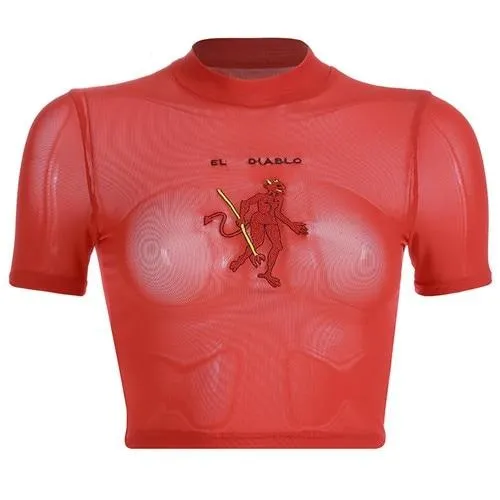 Red Devil Embroidery Mesh Short Sleeve Turtleneck Cute Sexy Transparent Tees