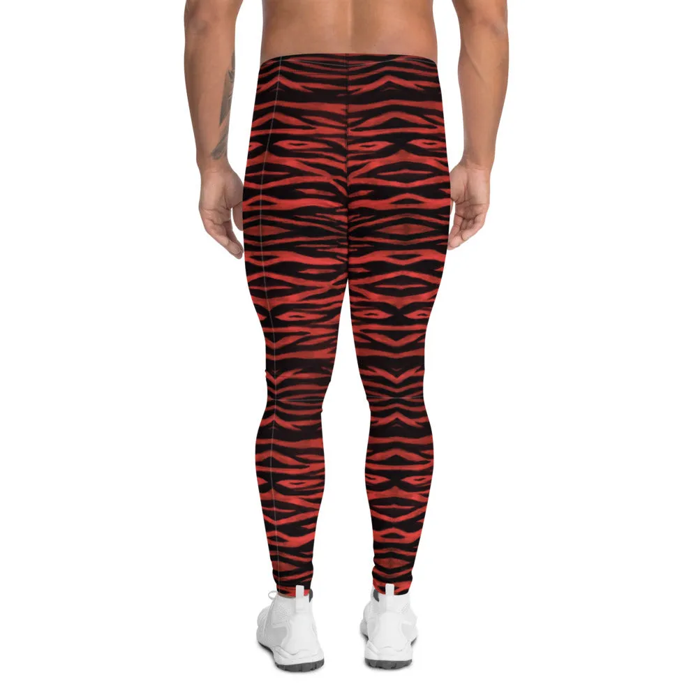 Red Tiger Striped Men's Leggings, Tiger Stripes Animal Print Designer Meggings-Made in USA/EU