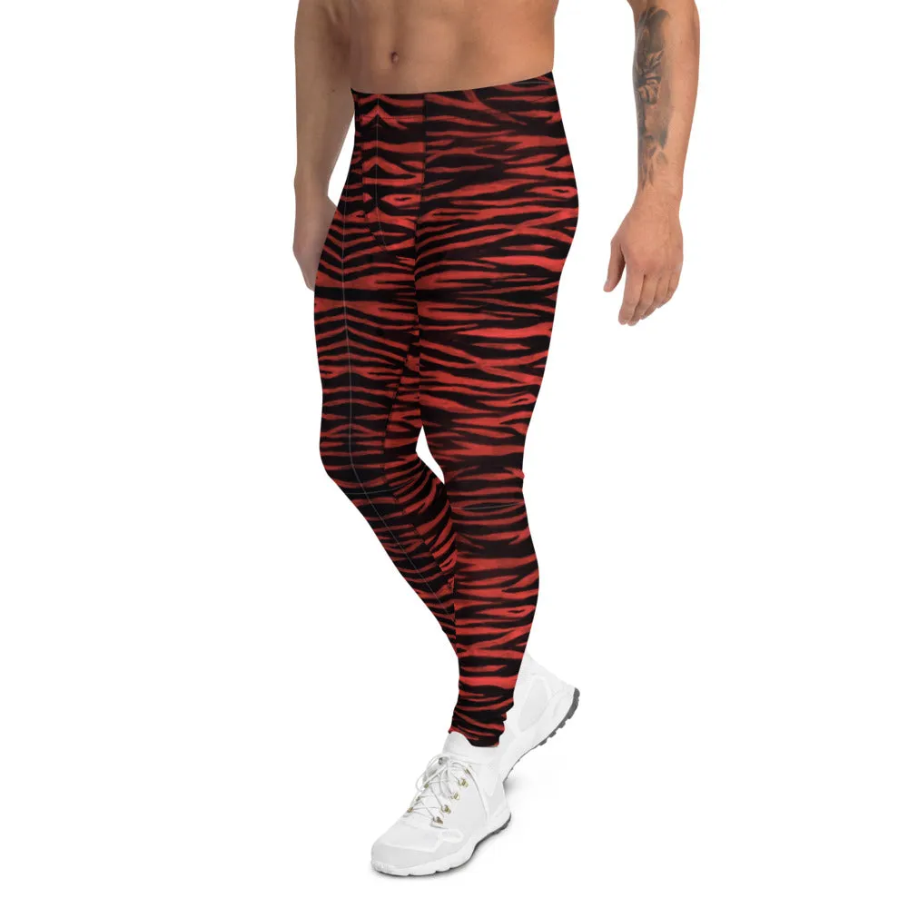 Red Tiger Striped Men's Leggings, Tiger Stripes Animal Print Designer Meggings-Made in USA/EU