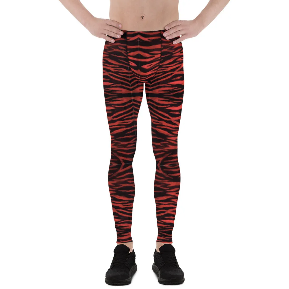 Red Tiger Striped Men's Leggings, Tiger Stripes Animal Print Designer Meggings-Made in USA/EU