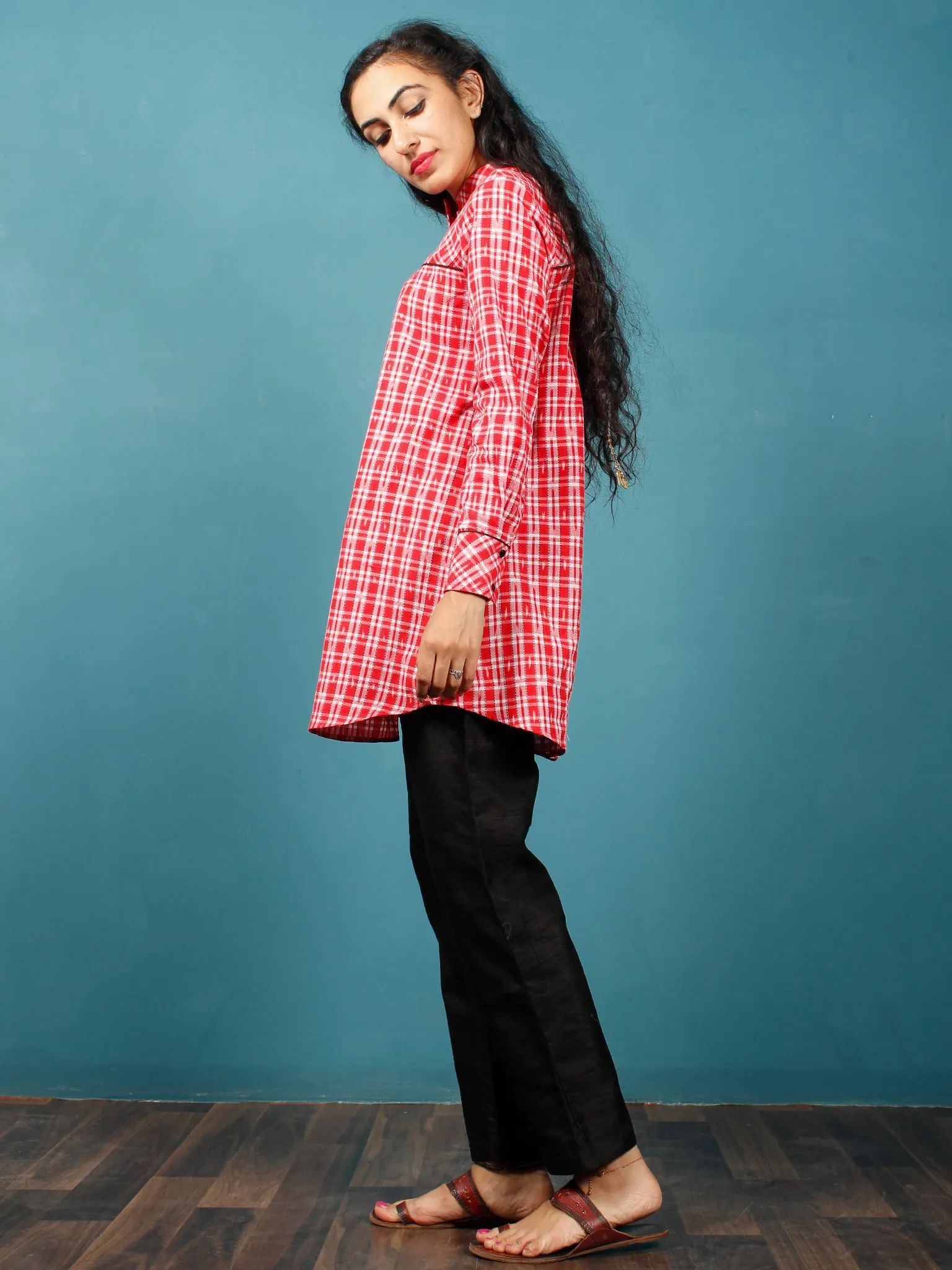 Red White Black  Hand Woven Ikat Cotton Check Tunic Cum Dress  - Tun05F1264