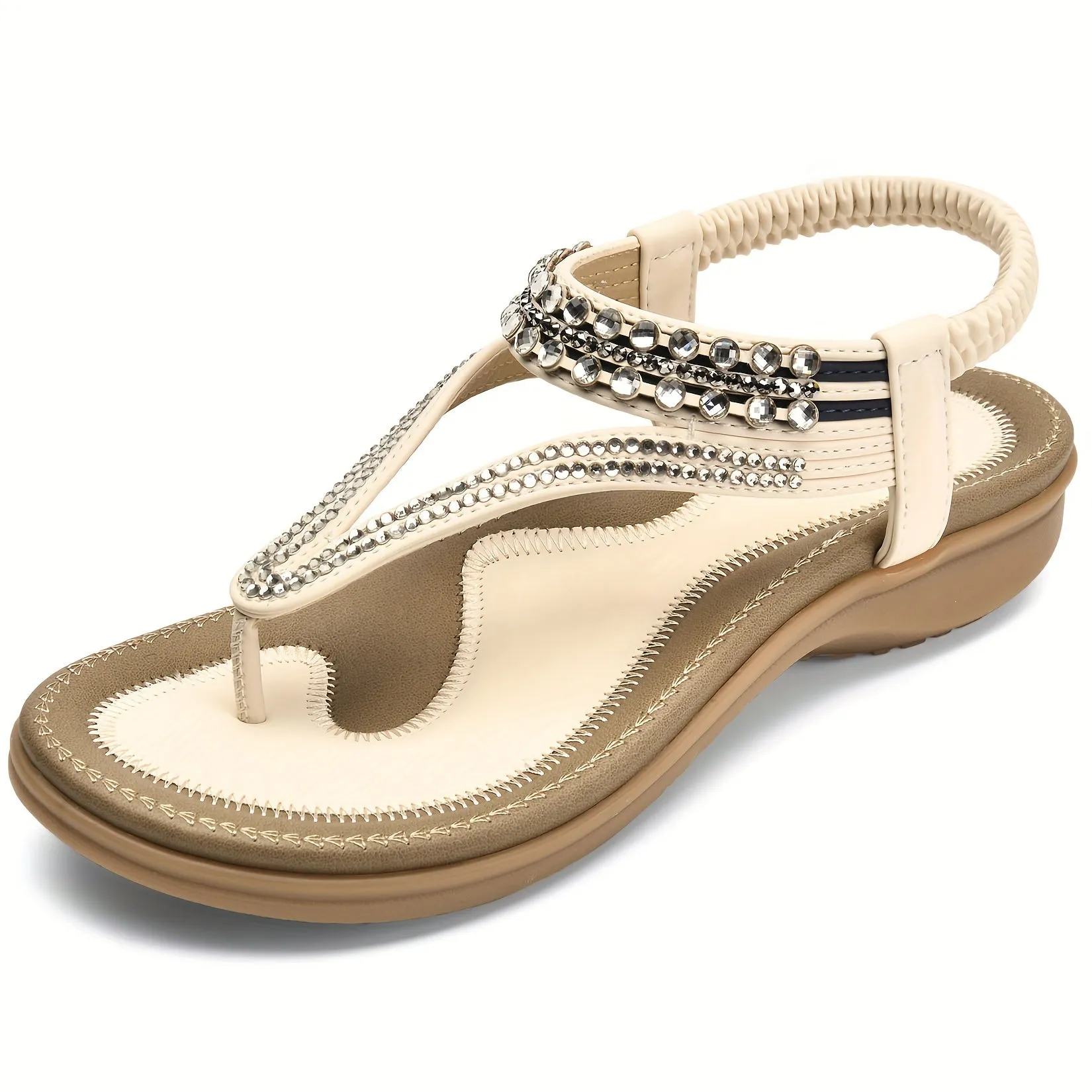 Rhinestone Arch Support Sandals - Comfortable Dressy T-Strap Thong Flat Sandals for Women - Casual Wear, Breathable, Adjustable Strap, Slip-Resistant Outsole, Perfect for Summer Outings and Special Occasions