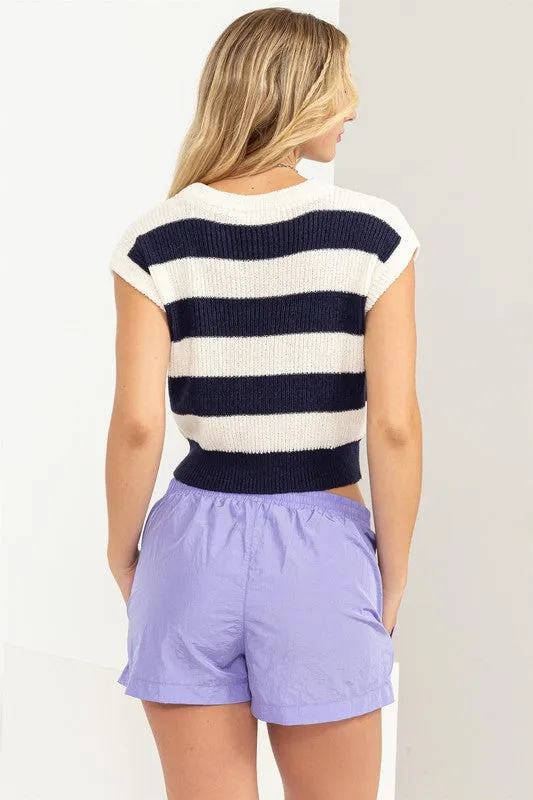 Ribbed STriped Knit Top Navy Cream